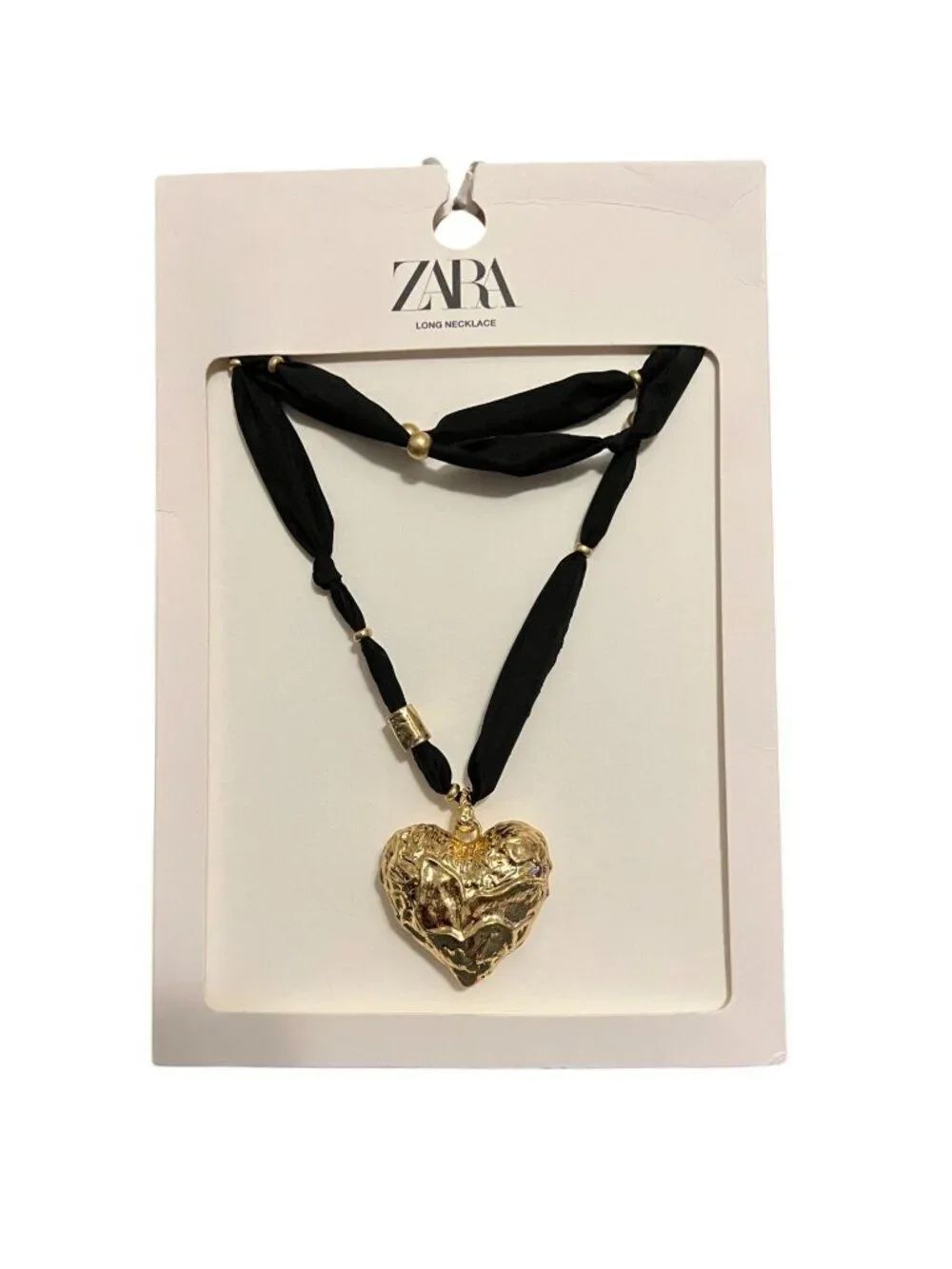 Zara Long Heart Fabric Necklace Pendant Jewelry black golden 1856/321 NWT